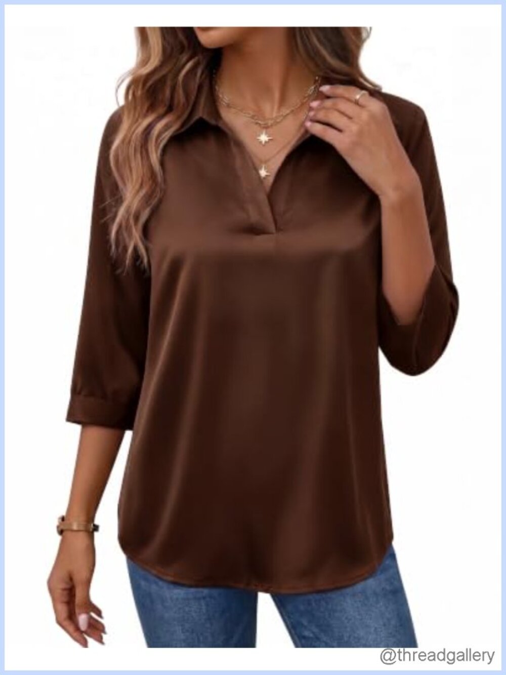 Satin Tunic Top V Neck 3/4 Sleeve Blouse Business Casual